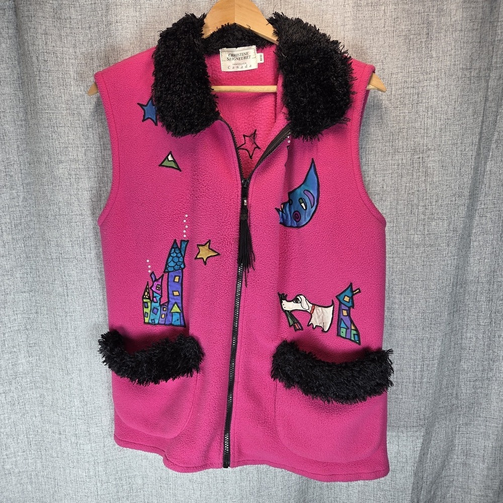 Vintage Christine Seigneuret Fleece Vestโ Womens M Pink Fleece Artsy Zip 90s